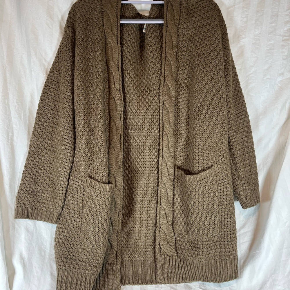 Grecerelle Brown Cable Knit Open Front Cardigan Sweater Large Pockets‎ Longline